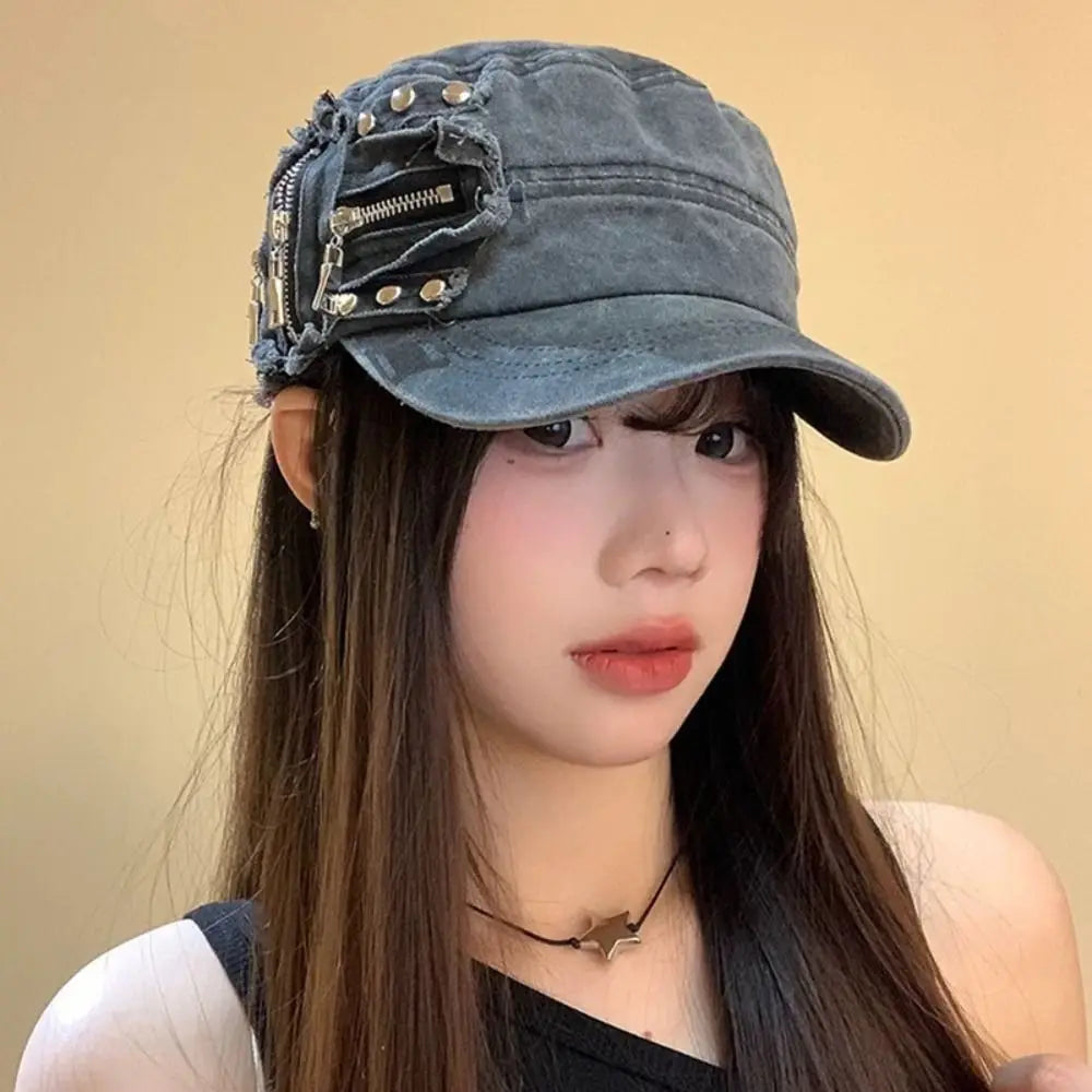 Casual Cloth Rivet Denim Beret Spice Girls Zippers Metal Rivet Flat Top Hat