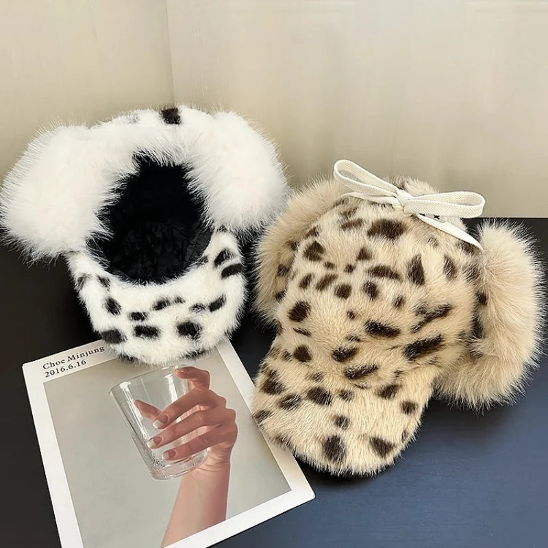 Y2K Personalized Leopard Print Plush Bomber Hats