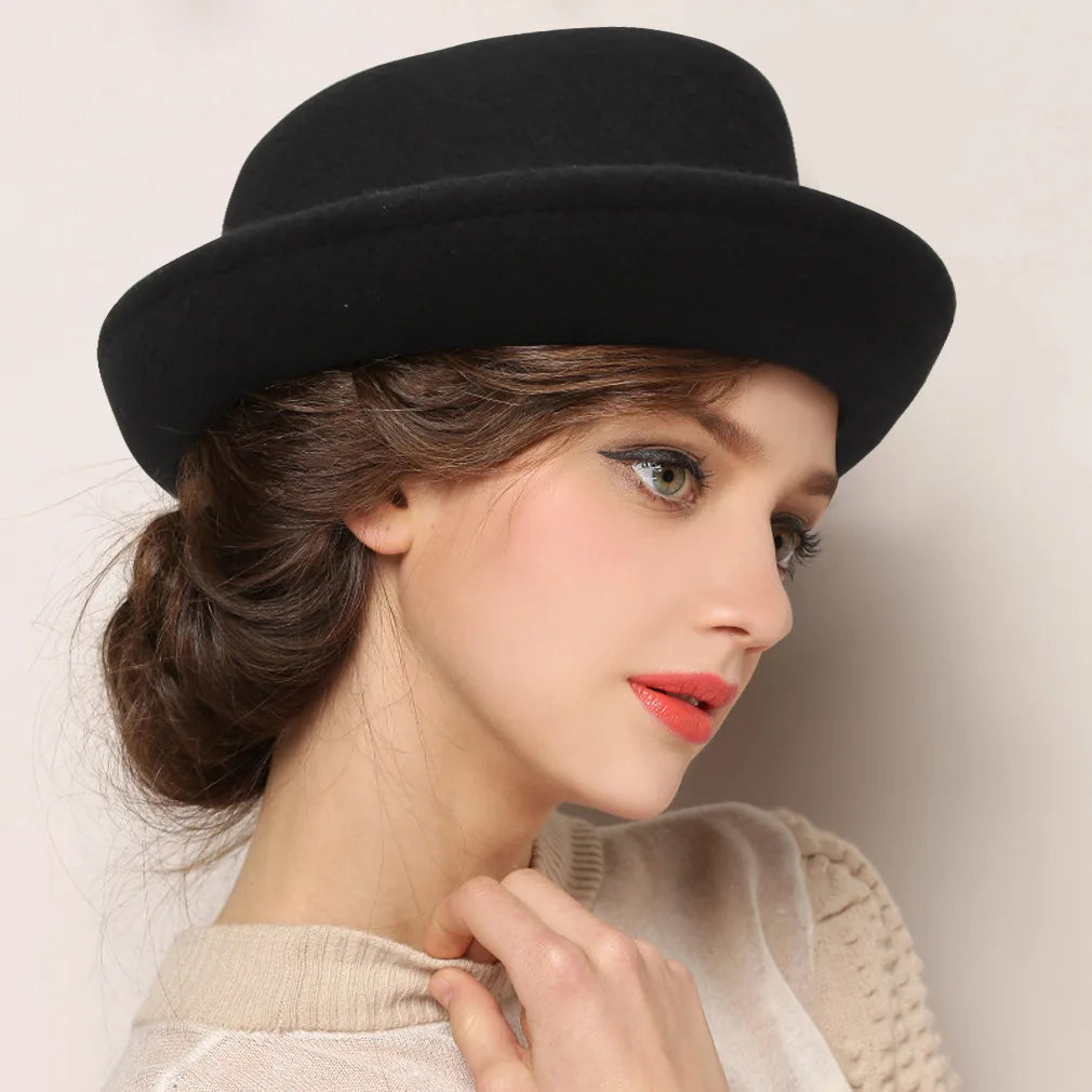 Wool Black Billycock Roll Brim Fedora Hat Women British Concave-Convex Top Hat