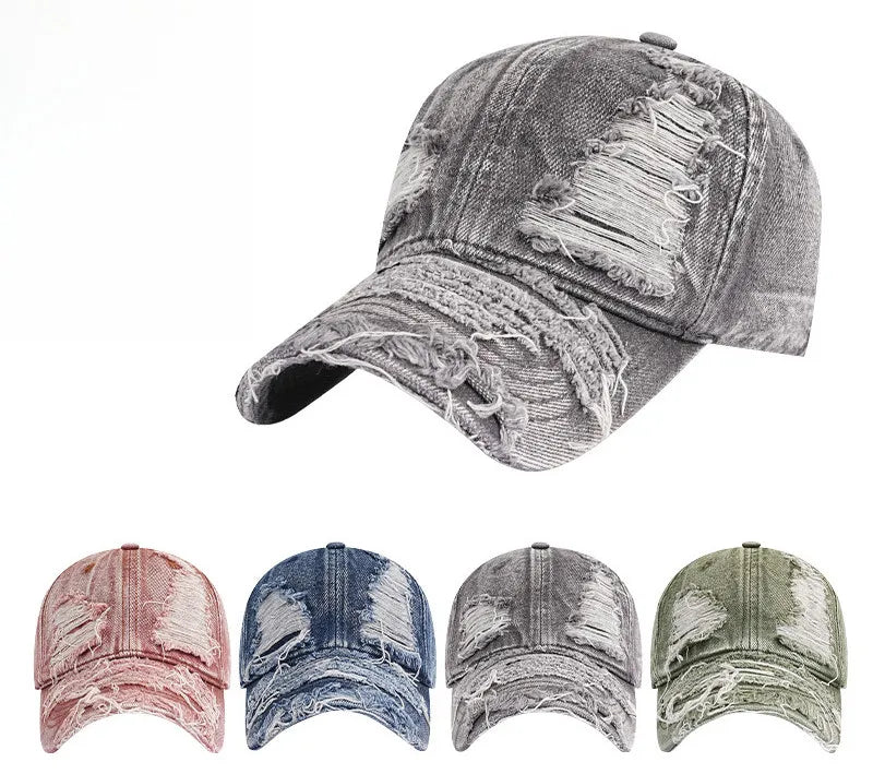 Distressed Denim Baseball Cap Ripped Vintage Dad Hat Unisex Adjustable