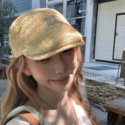 Casual Hollow Straw Beret Flat Vacation Straw Newsboy Cap