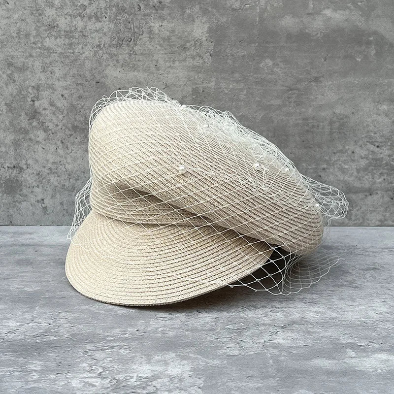 Elegant Mesh Pearl Beret Newsboy Hat Japanese Pleated Cap