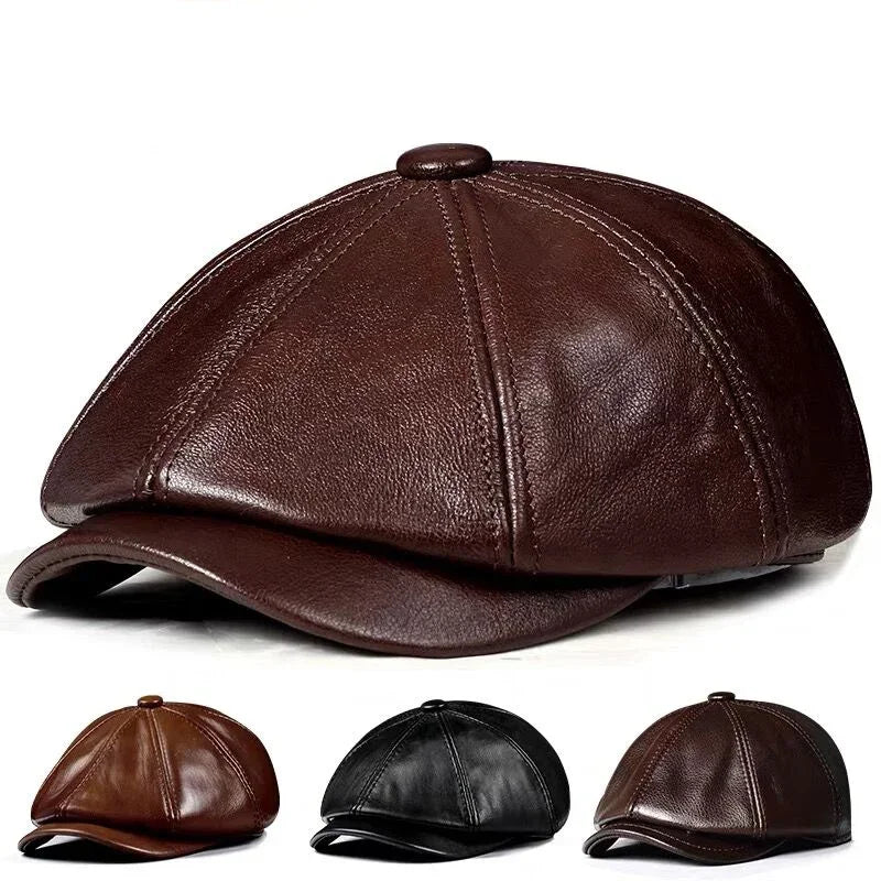 Genuine Leather Hat Cap Cowhide Beret Warm Cotton Men