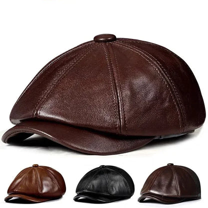 Genuine Leather Hat Cap Cowhide Beret Warm Cotton Men