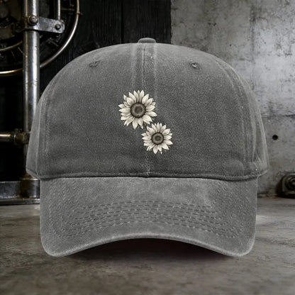 Sunflower Print Washed Baseball Cap Distressed Cotton Vintage