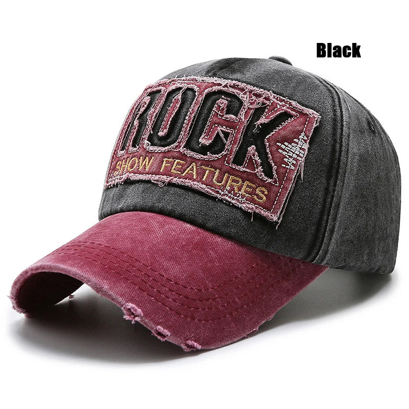 Rock Letters Embroidered Patch Ripped Brushed Washed Distressed Design Style Baseball Cap