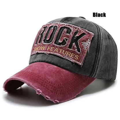 Rock Letters Embroidered Patch Ripped Brushed Washed Distressed Design Style Baseball Cap