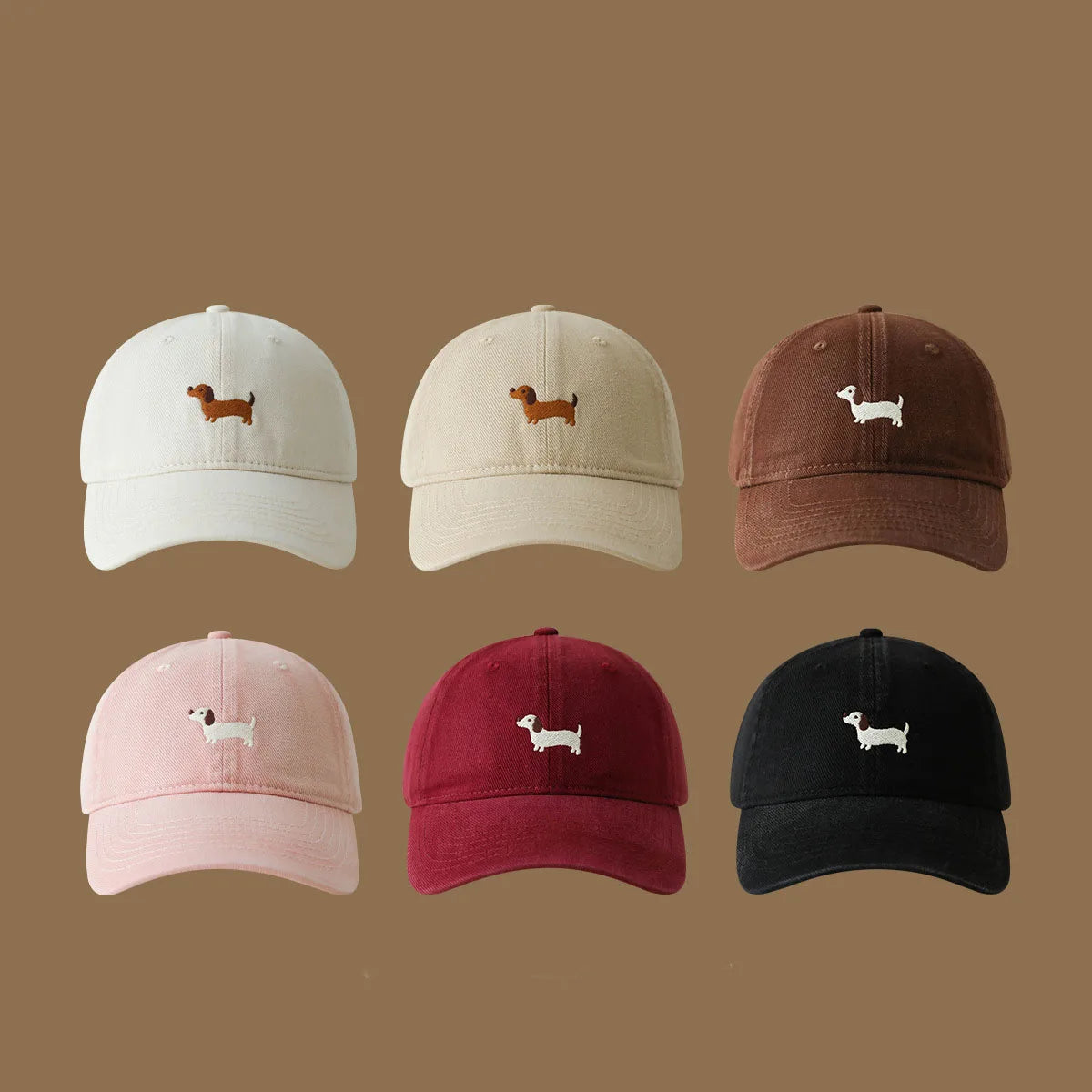Embroidered Dachshund Washed Cotton Baseball Cap Fashion Women men