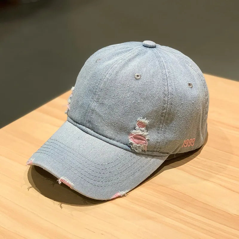 Retro Solid Color Denim Baseball Cap Personalized Fashion Hole Do Old Cap