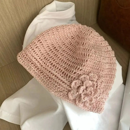 Y2k Style Flower Knitted Caps Hand-Woven Hollow Beanies Cap