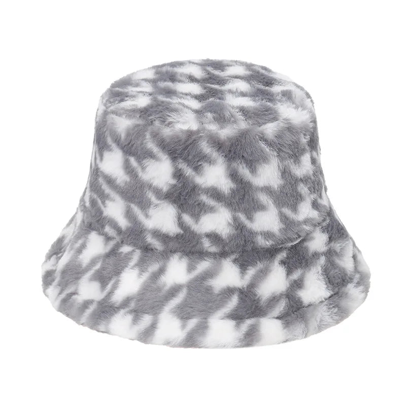 Winter Bucket Hat Women's Fashion Leopard Panama Warm Hats Female Vintage