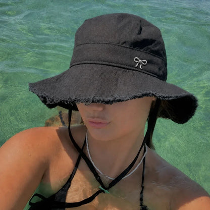 Women's Adjustable Strap Chin Drawstring Bow Distressed Edge Windproof Bucket Hat