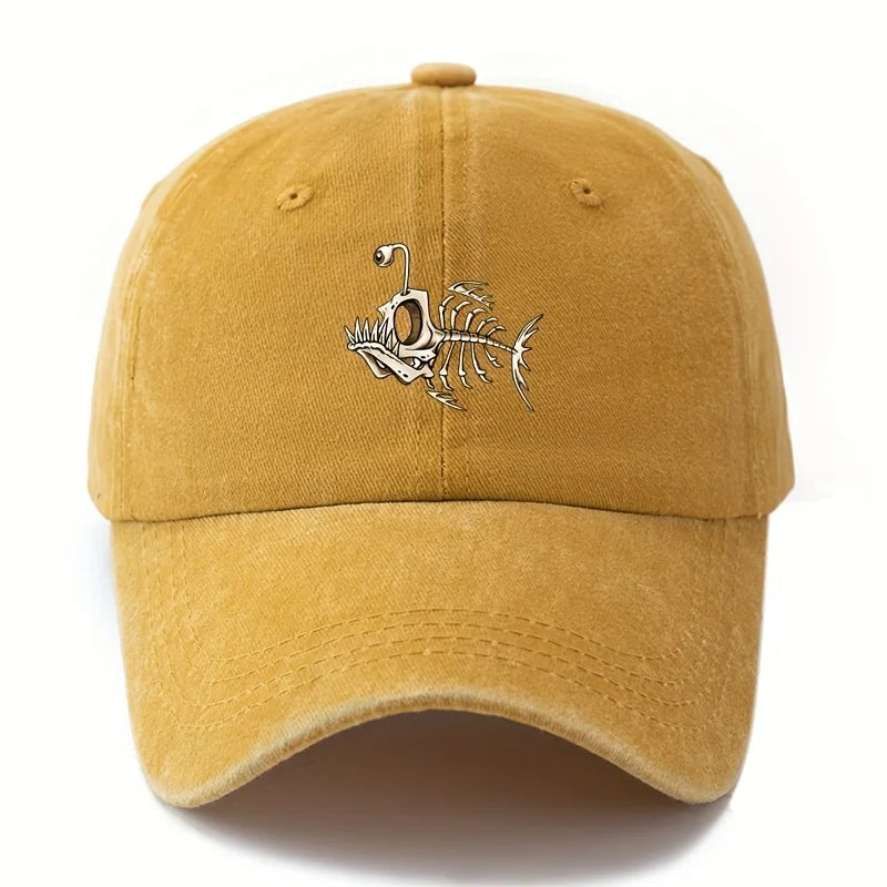 Fishbone Printed Baseball Cap Classic Retro Curved Brim Suitable for Outdoor Camping Trips