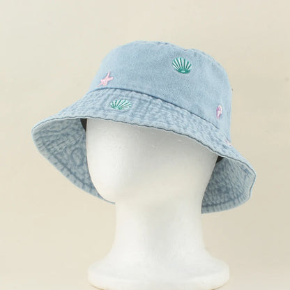 2026 Baby Cute Shell Starfish Crab Embroidery Denim Bucket Hat For Kids