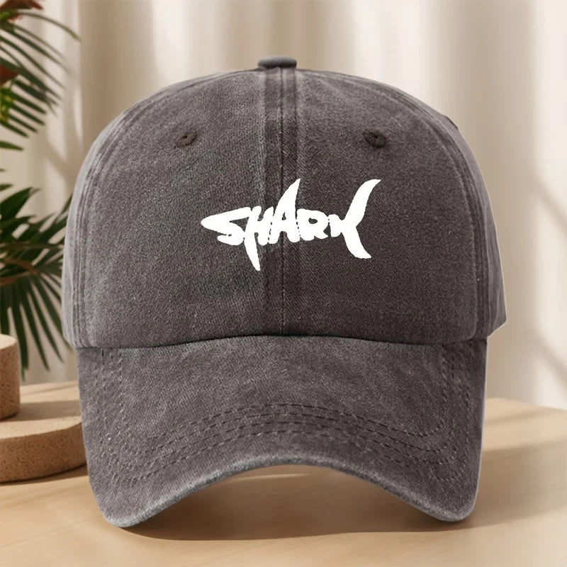 Men's Shark Patterned Baseball Cap with Washed Retro Design Suitable
