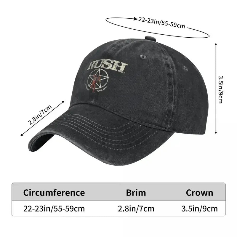 Rush Band Unisex Baseball Cap, Washed Cotton, Tattoo Design, Sports Style