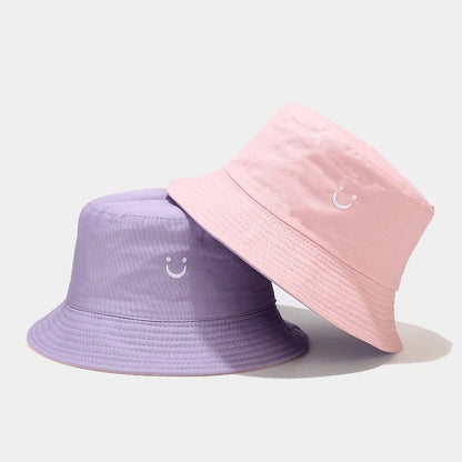 Unisex Bucket Hat Smile Face Embroidery Double Sided Wear Visor Cap