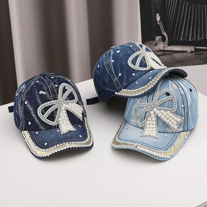Women's Pearl Rhinestone Bow Denim Baseball Cap