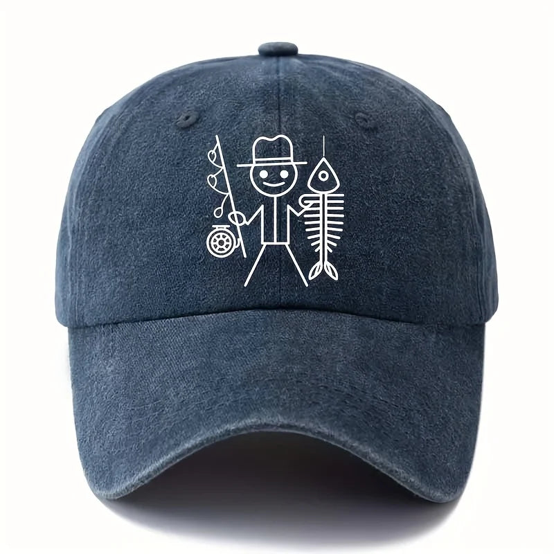 Printed Cartoon Man Fishing Baseball Cap, Outdoor Curved Brim Cap