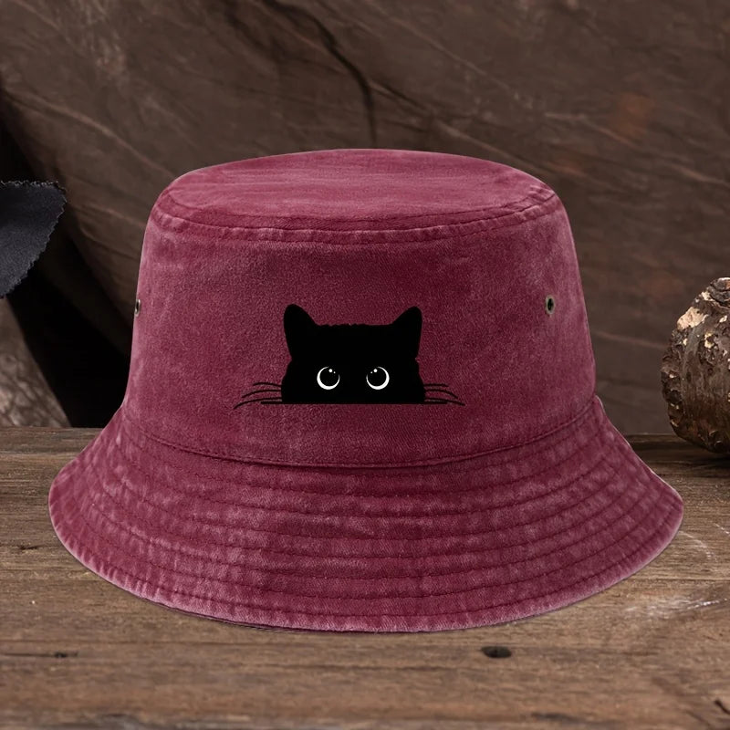 Cute Black Cat Print Pattern Fisherman Hat with Vintage Style Suitable for Outdoor Travel for Men and Women