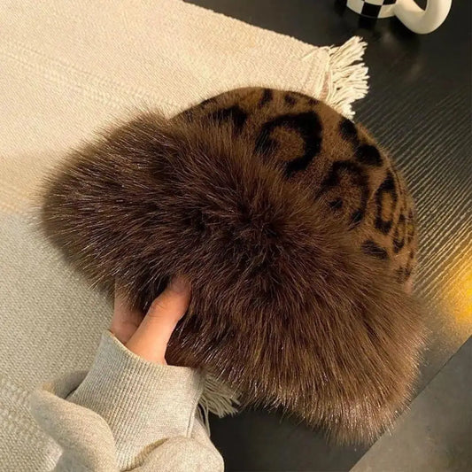 Hot Leopard Print Fur Hat Women Windproof Keep Warm Headgear Fur