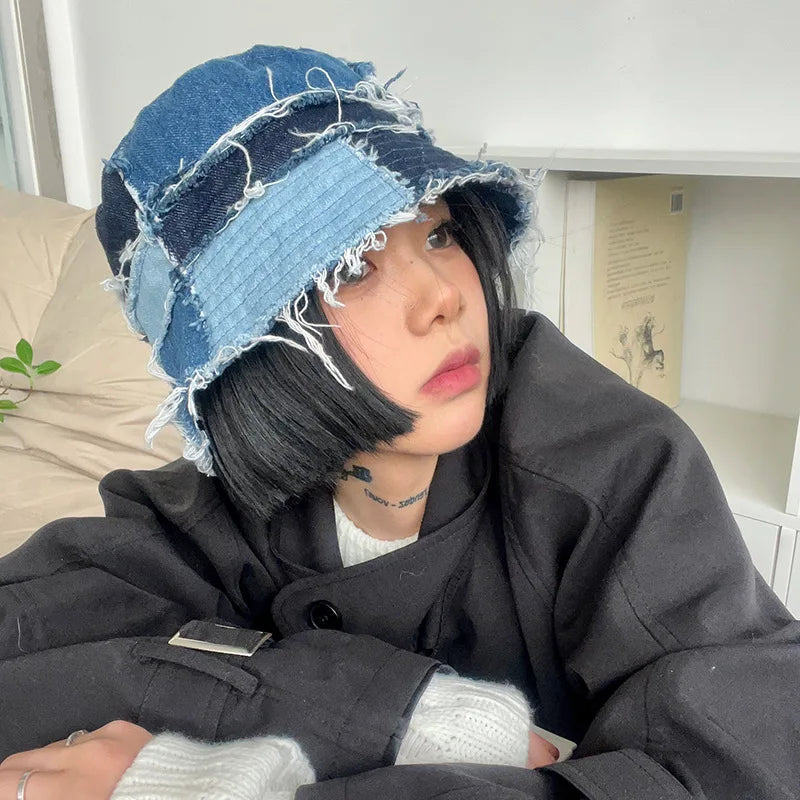 Japanese Retro Men Burr Patchwork Denim Bucket Hats