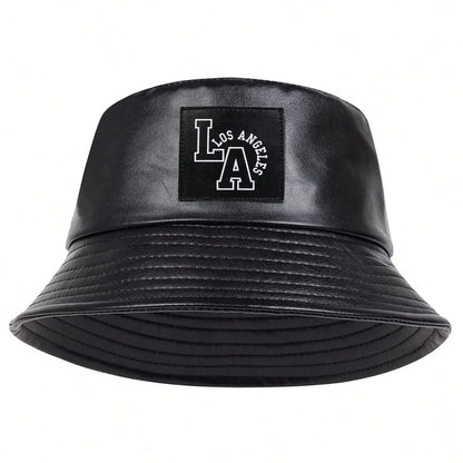 Unisex LA Letter Label Personality Pu Leather Bucket Hats Fishermen Caps