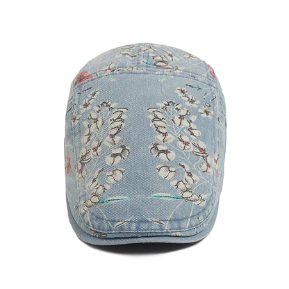 New Vintage Print Denim Beret Women Men Cotton Newsboy Cap Casual Visor Fashion Flat Hat