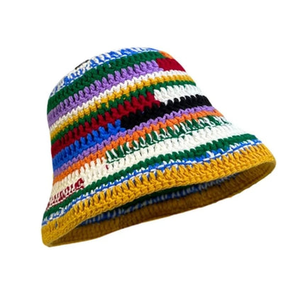 Ladies Crochet Stripe Pattern Fisherman Hat Wide Brim Bucket Hat