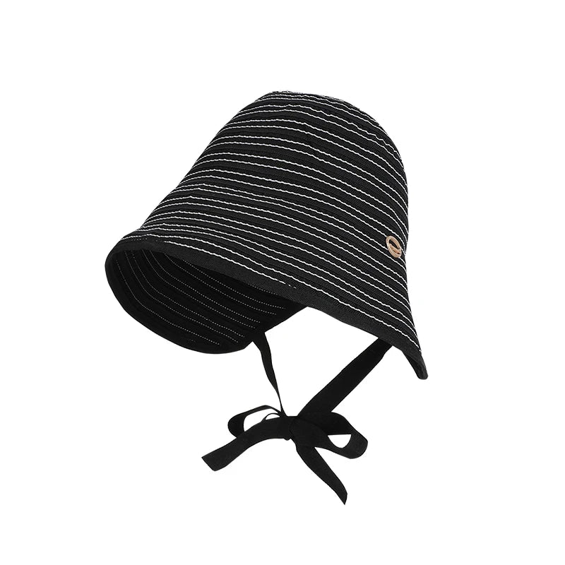 Korean Striped Fisherman Hat Summer Outdoor Travel Sun Hat Japanese Strap Wrapped Around the Brim Sun Hat