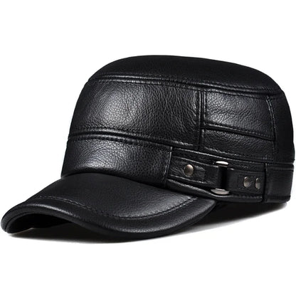 Winter Genuine Leather Cap Men's Flat Caps Military Hat