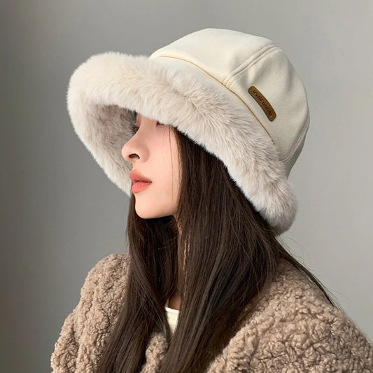 Fashion Fluffy Fur Bucket Hat For Women Winter Thick Warm Panama Fisherman Hat