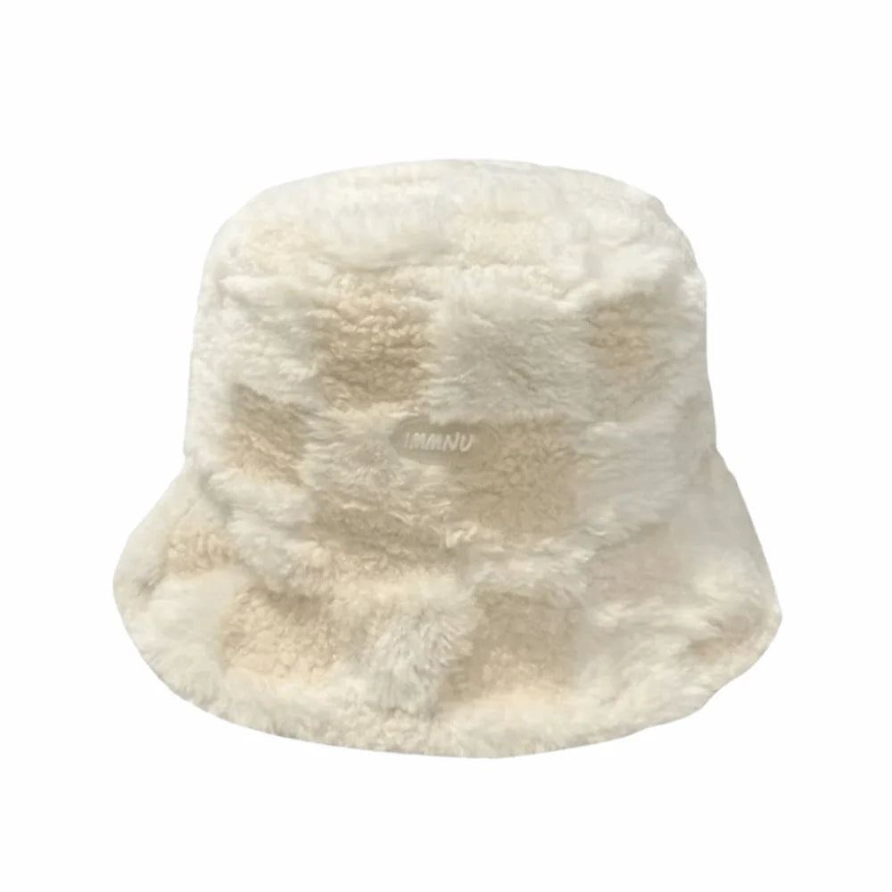 Plaid Checkered Women Bucket Hat Faux Fur Adjustable Checkered Basin Hat