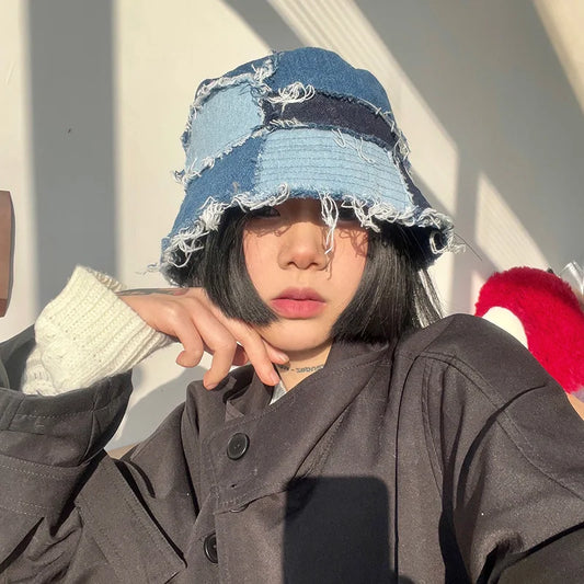 Japanese Retro Men Burr Patchwork Denim Bucket Hats