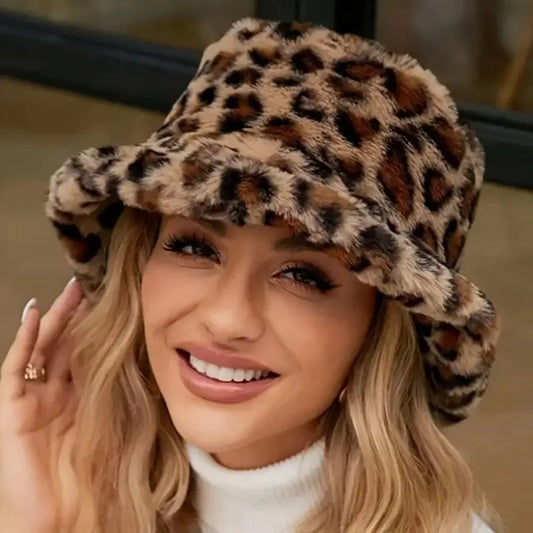 Stylish Leopard Print Bucket Hat - Soft Polyester Fleece Fisherman Cap