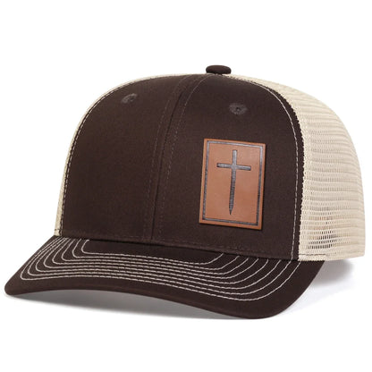 Unisex Cross Brown Leather Label Baseball Net Caps Outdoor Adjustable Casual Sunscreen Hat
