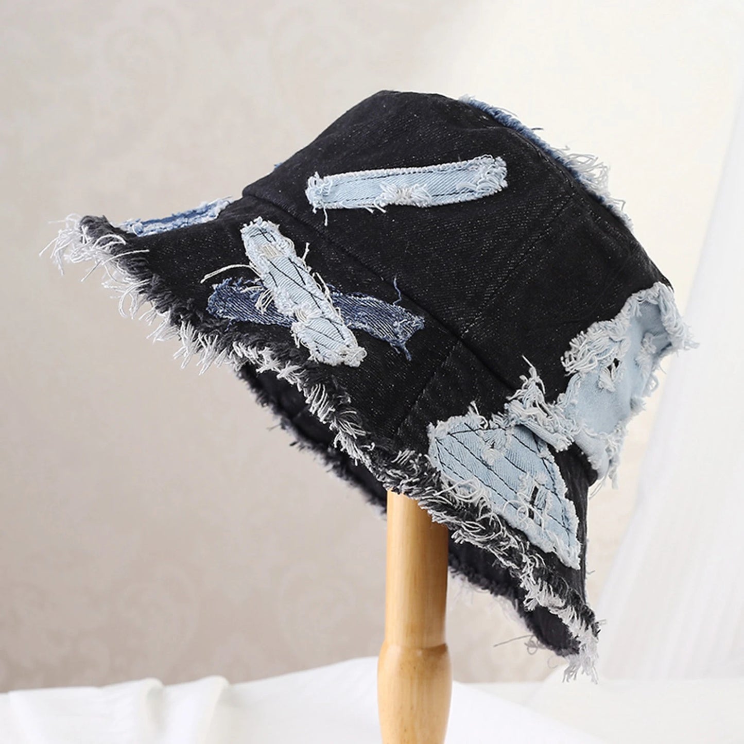 Women Men Vintage Bucket Hats Denim Raw Hem Ripped Sun Hat