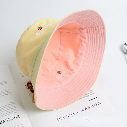 Lovely Embroidery Strawberry Sun Hats Casual Embroidery Bucket Hats for Woman