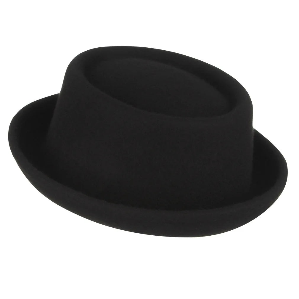 Wool Black Billycock Roll Brim Fedora Hat Women British Concave-Convex Top Hat