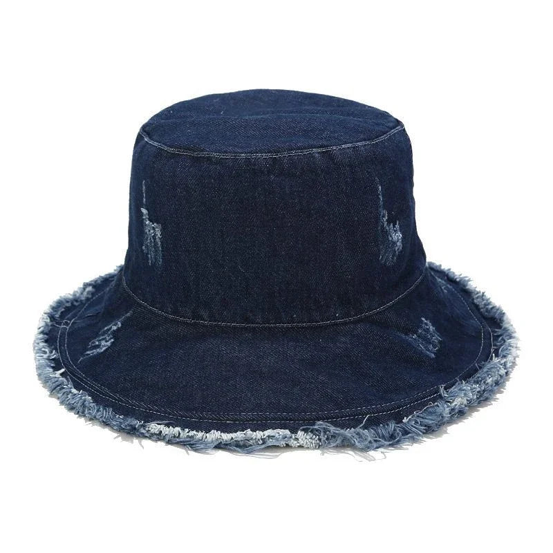 Denim Hole Burrs Flat Top Collapsible Fisherman Hat