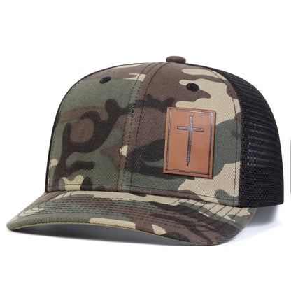 Unisex Cross Brown Leather Label Baseball Net Caps Outdoor Adjustable Casual Sunscreen Hat