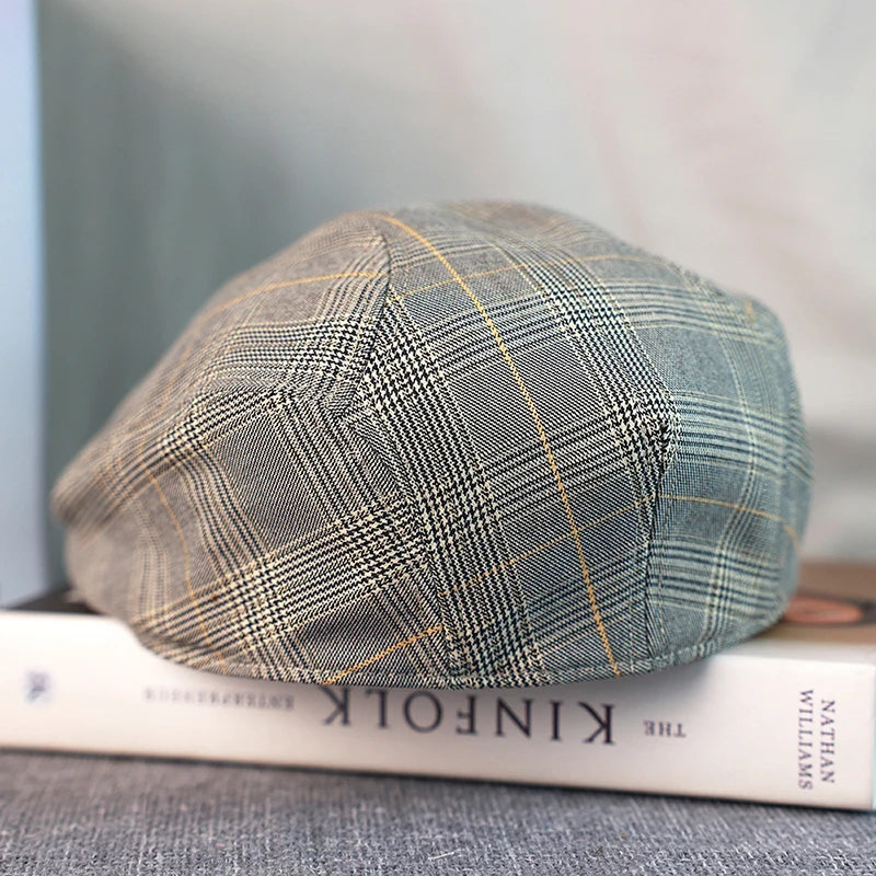 Gray Plaid Newsboy Hat Linen Cotton Women Men Ivy Cap