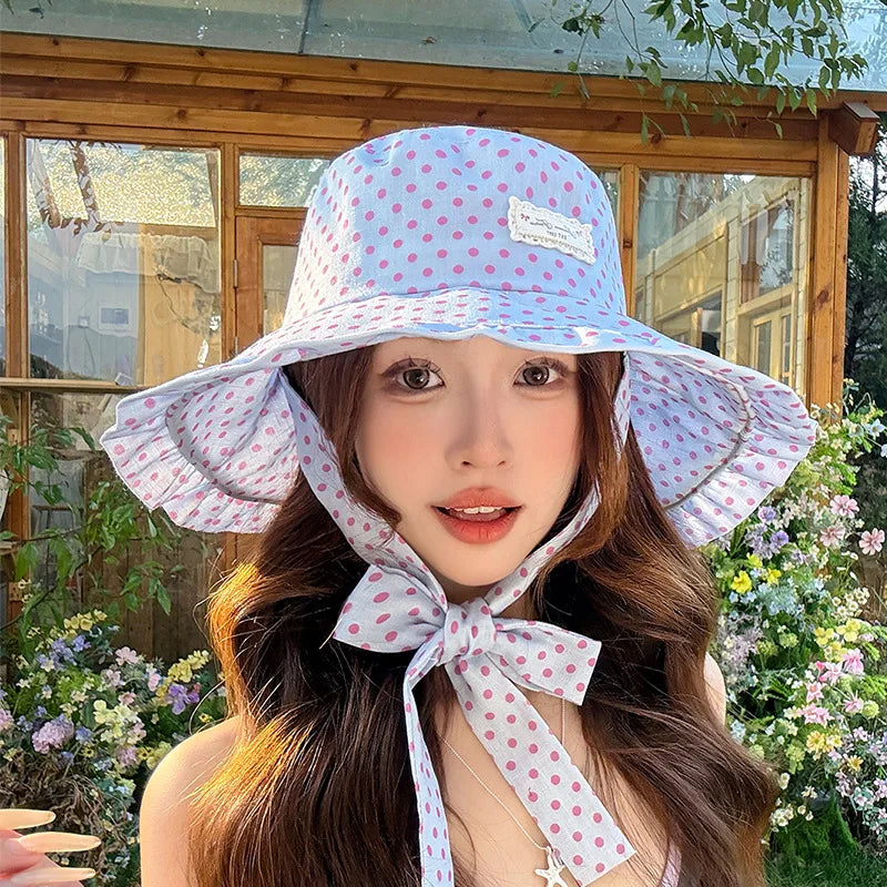 Korean Fashion Polka Dots Ribbon Sun Hat
