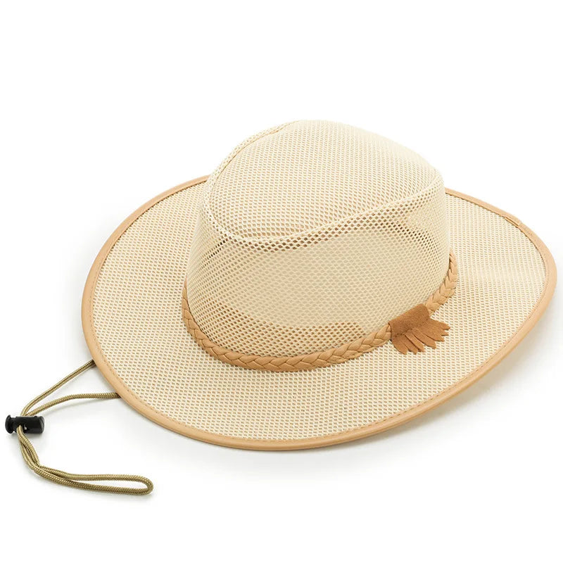 Spring/Summer Men's Wide Brim Sun Hat, Breathable Mesh Cowboy Hat