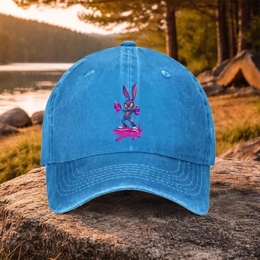 Purple Rabbit Graffiti Washed Baseball Cap – Unisex Casual Golf & Outdoor Hat