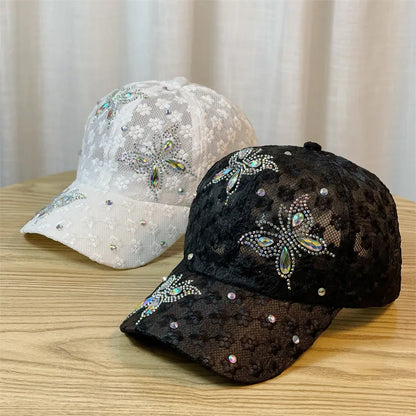 Summer Beaded Butterfly Breathable Lace Netting Baseball Cap