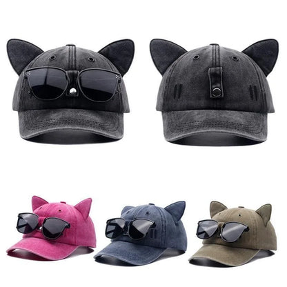 New Cute Cat Ears Pilot Hat With Glasses Baseball Cap