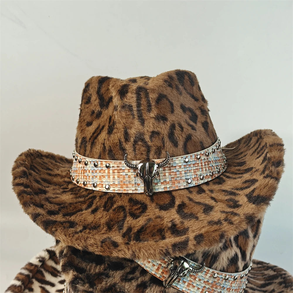 Leopard Print Rabbit Fur Western Cowboy Fedora Hat