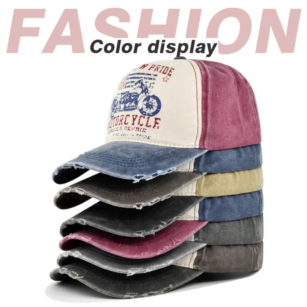 Vintage Washed Baseball Cap American Flag Motorcycle Print Distressed Dad Hat Outdoor Sun Cap Unisex