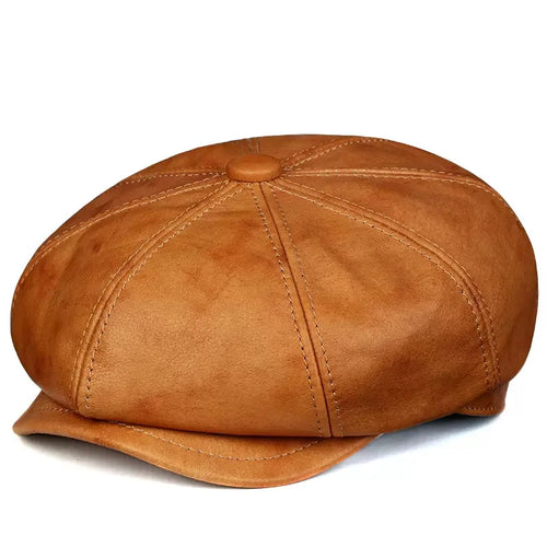 Leather Hat Beret Men Autumn British Retro Cowhide Octagonal Hat